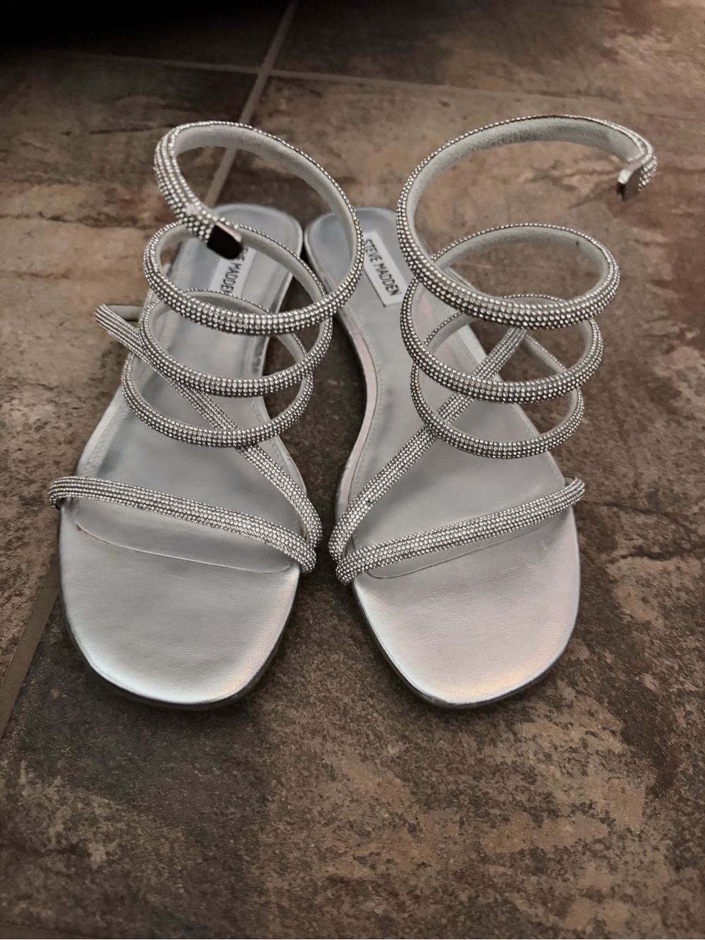 Steve Madden Silver Spiral Rhinestone Wrap Sandals
